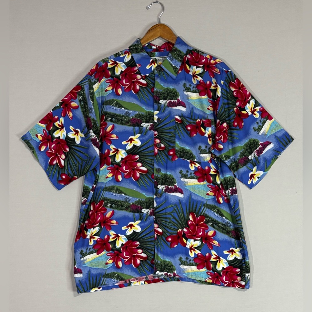 Hana Bay Hawaiian Shirt L Blue Floral Island Scenic Aloha Rayon Button Up